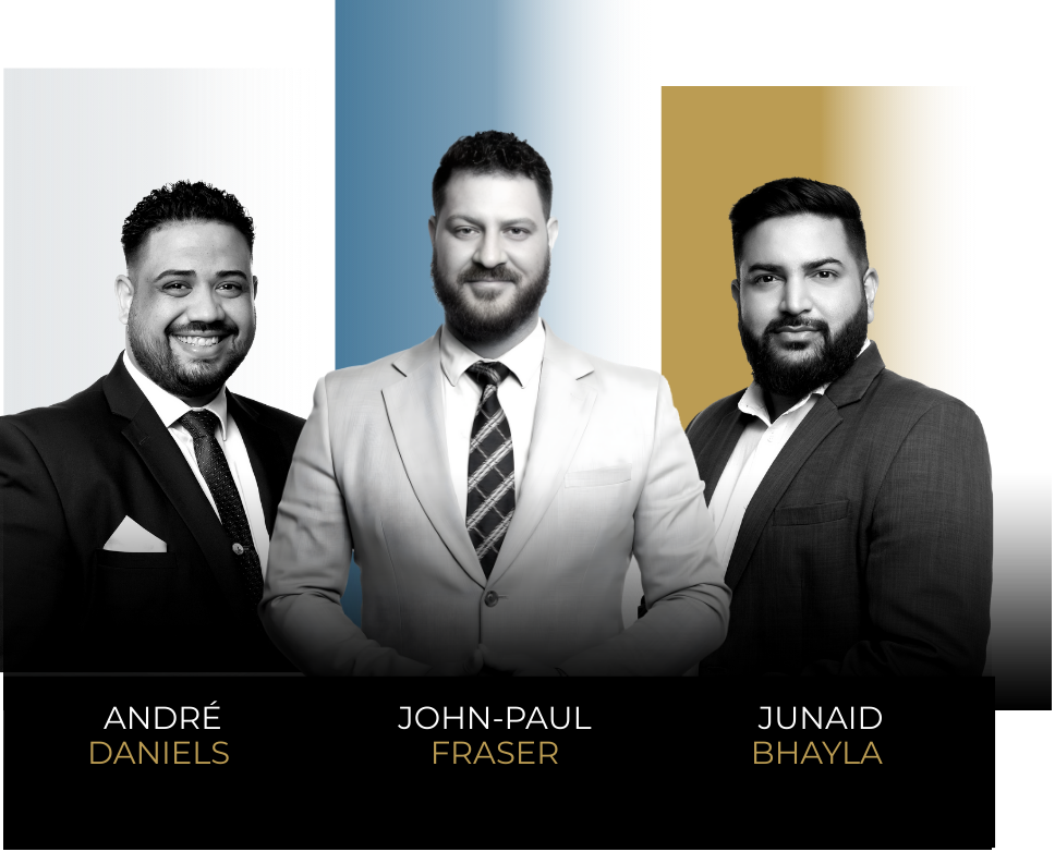 Three smiling men, André Daniels, John-Paul Fraser, and Junaid Bhayla, in professional suits against gradient backgrounds.