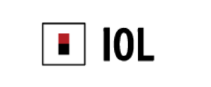 IOL logo: a square icon with a red top and black bottom inside a black outline, next to pixelated 'IOL' text.