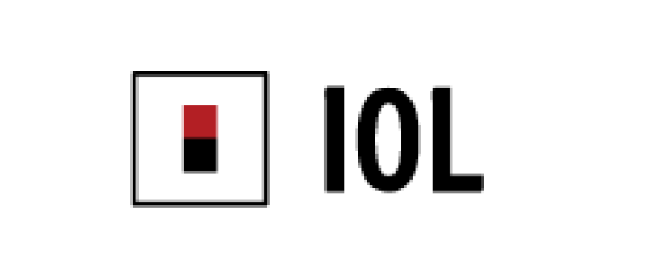 IOL logo: a square icon with a red top and black bottom inside a black outline, next to pixelated 'IOL' text.