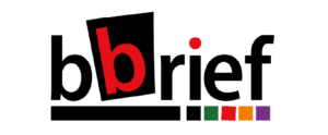 BBrief logo with red 'b' in a tilted black square, a red dot over the 'i', and a line with colored squares underneath.