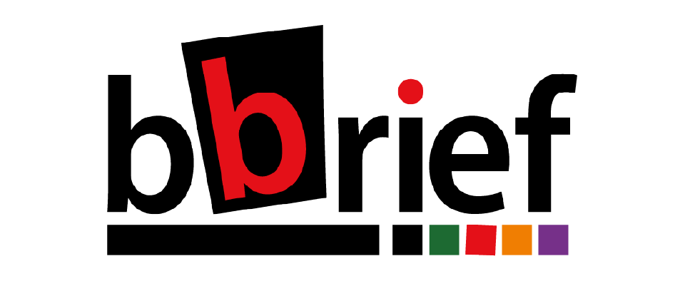 BBrief logo with red 'b' in a tilted black square, a red dot over the 'i', and a line with colored squares underneath.